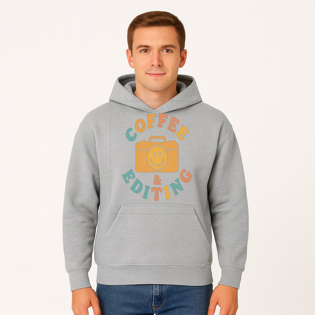 Coffee & Editing Graphic Tee - Fun Photography Lover Shirt, Cute Gift for Creatives, Smiley Camera Design, Casual Wear - Hoodie 1758335007932.jpg