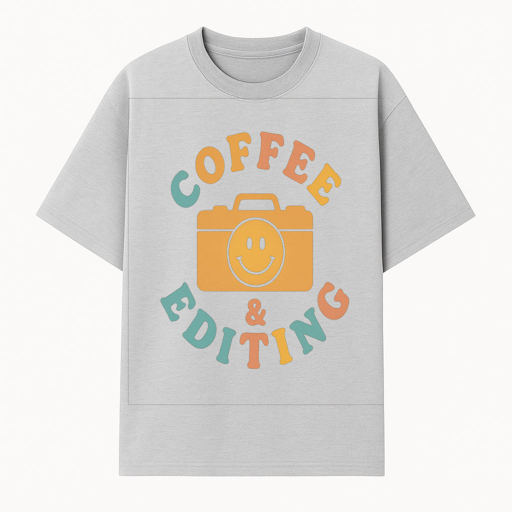 Coffee & Editing Graphic Tee - Fun Photography Lover Shirt, Cute Gift for Creatives, Smiley Camera Design, Casual Wear - T-shirt 1758335008203.jpg