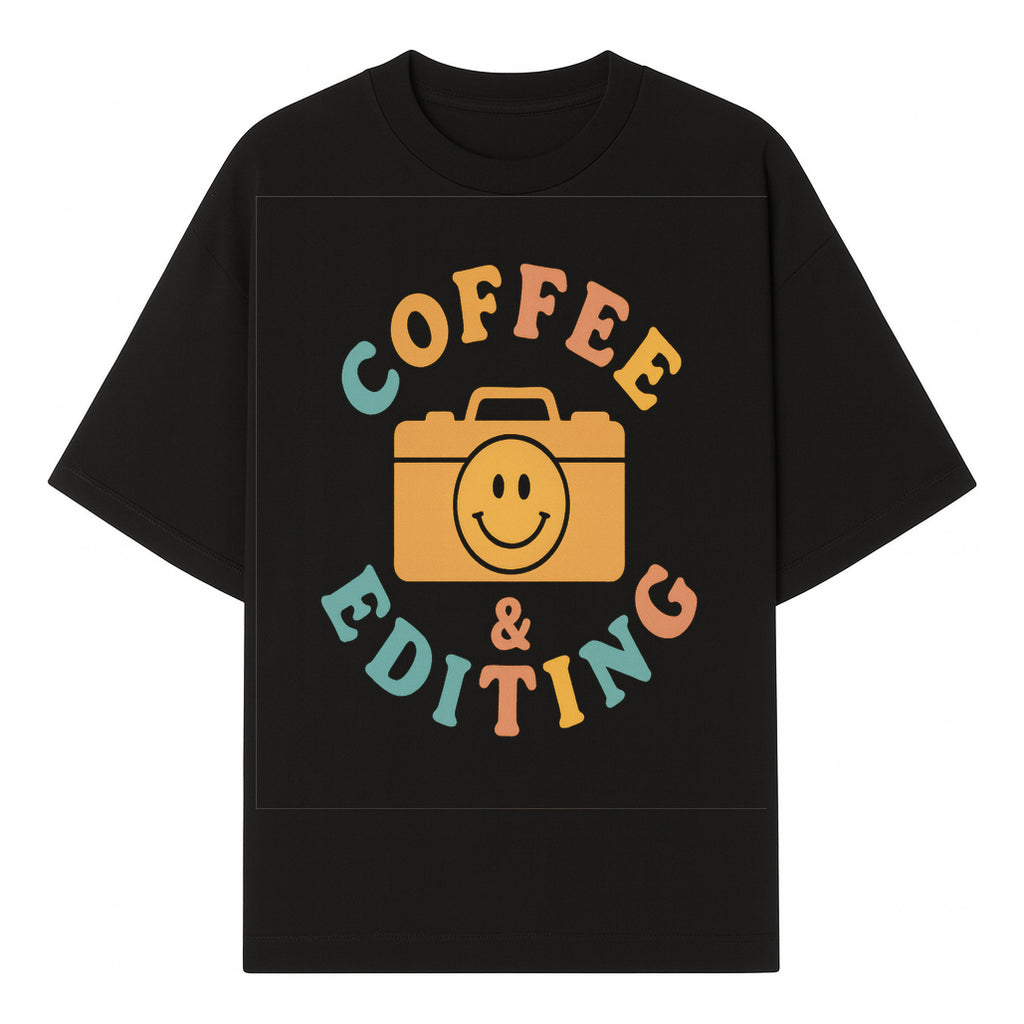 Coffee & Editing Graphic Tee - Fun Photography Lover Shirt, Cute Gift for Creatives, Smiley Camera Design, Casual Wear - T-shirt 1758335008360.jpg