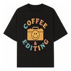 Coffee & Editing Graphic Tee - Fun Photography Lover Shirt, Cute Gift for Creatives, Smiley Camera Design, Casual Wear - T-shirt 1758335008360.jpg