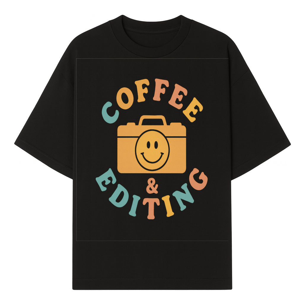 Coffee & Editing Graphic Tee - Fun Photography Lover Shirt, Cute Gift for Creatives, Smiley Camera Design, Casual Wear - T-shirt 1758335008360.jpg