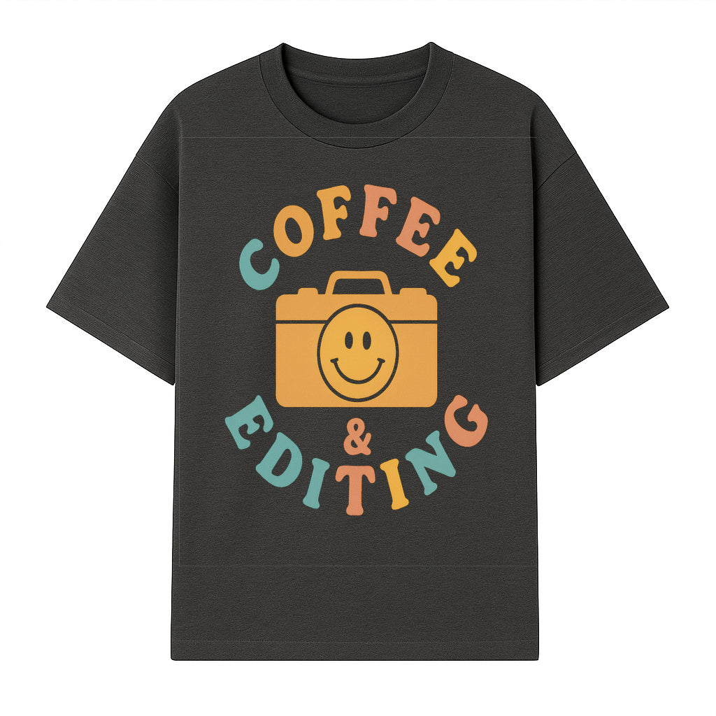Coffee & Editing Graphic Tee - Fun Photography Lover Shirt, Cute Gift for Creatives, Smiley Camera Design, Casual Wear - T-shirt 1758335008497.jpg