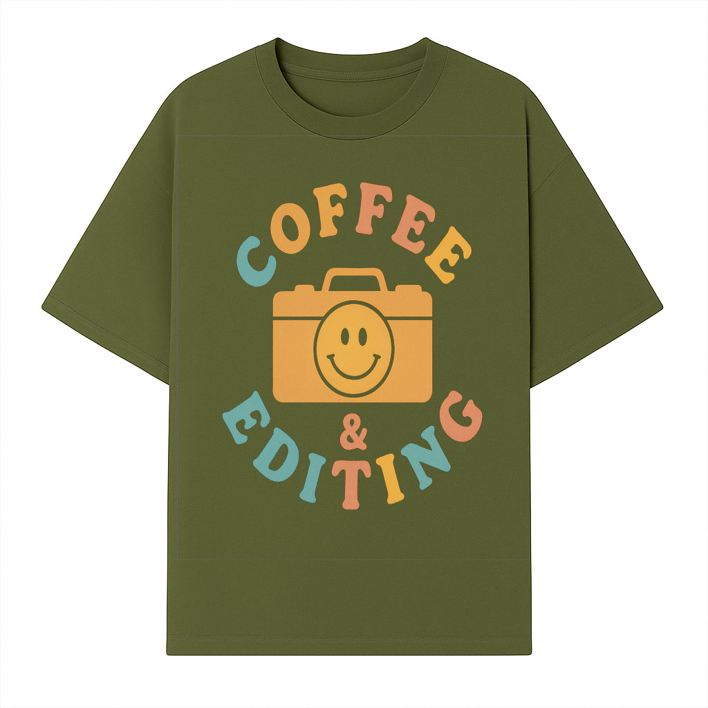 Coffee & Editing Graphic Tee - Fun Photography Lover Shirt, Cute Gift for Creatives, Smiley Camera Design, Casual Wear - T-shirt 1758335008676.jpg