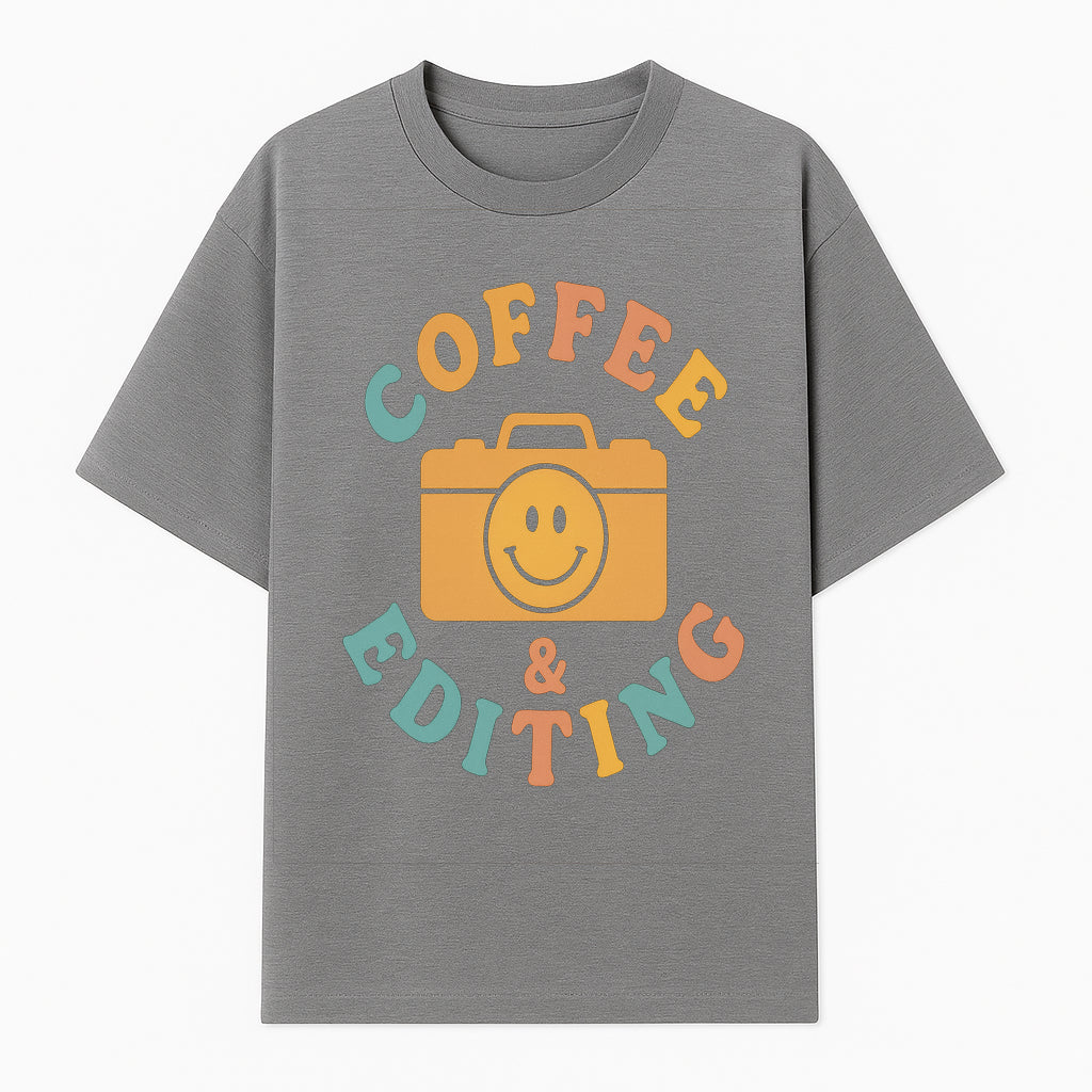 Coffee & Editing Graphic Tee - Fun Photography Lover Shirt, Cute Gift for Creatives, Smiley Camera Design, Casual Wear - T-shirt 1758335008846.jpg