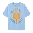 Coffee & Editing Graphic Tee - Fun Photography Lover Shirt, Cute Gift for Creatives, Smiley Camera Design, Casual Wear - T-shirt 1758335008977.jpg