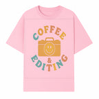 Coffee & Editing Graphic Tee - Fun Photography Lover Shirt, Cute Gift for Creatives, Smiley Camera Design, Casual Wear - T-shirt 1758335009138.jpg