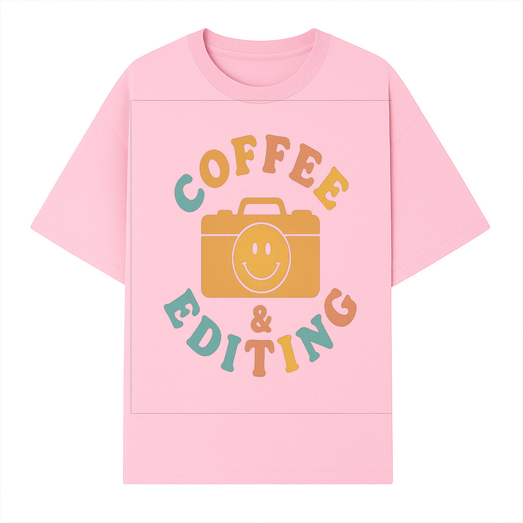 Coffee & Editing Graphic Tee - Fun Photography Lover Shirt, Cute Gift for Creatives, Smiley Camera Design, Casual Wear - T-shirt 1758335009138.jpg