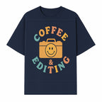 Coffee & Editing Graphic Tee - Fun Photography Lover Shirt, Cute Gift for Creatives, Smiley Camera Design, Casual Wear - T-shirt 1758335009432.jpg