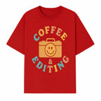 Coffee & Editing Graphic Tee - Fun Photography Lover Shirt, Cute Gift for Creatives, Smiley Camera Design, Casual Wear - T-shirt 1758335009565.jpg