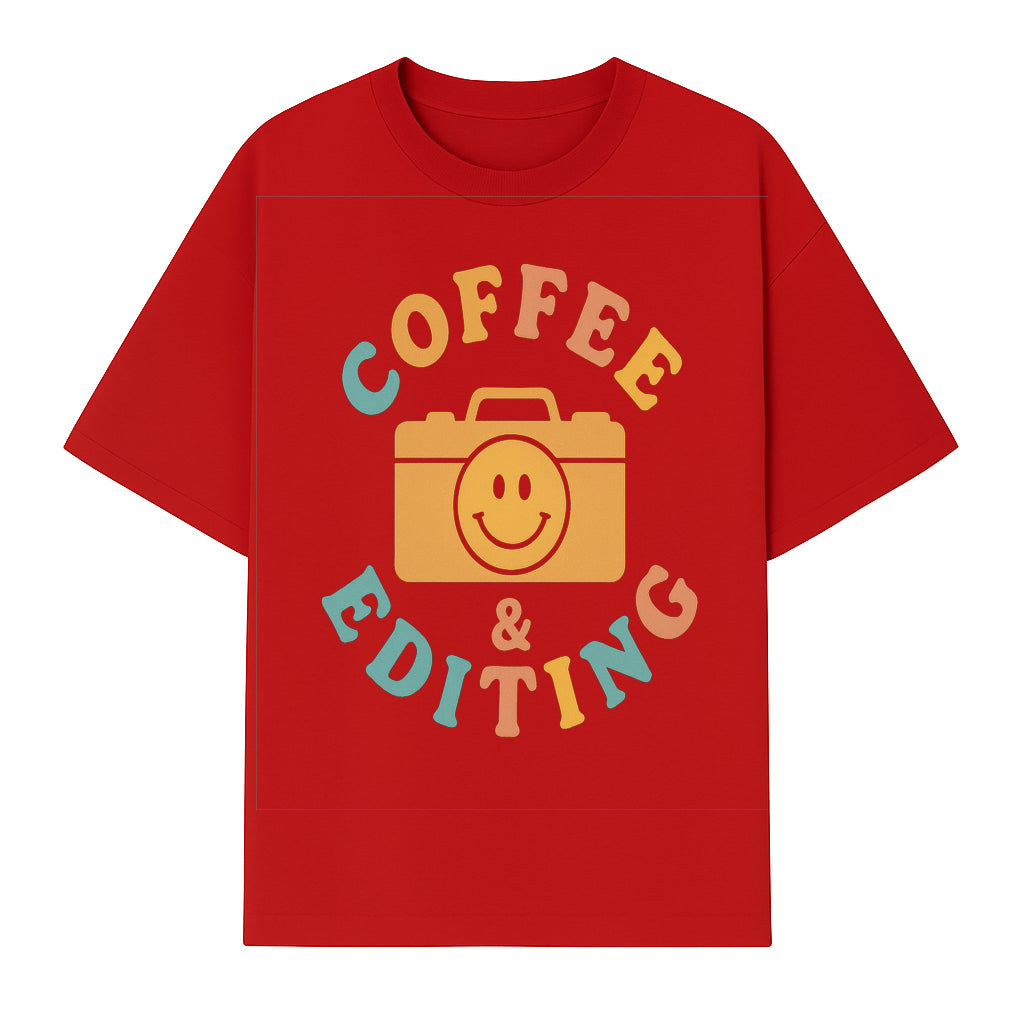 Coffee & Editing Graphic Tee - Fun Photography Lover Shirt, Cute Gift for Creatives, Smiley Camera Design, Casual Wear - T-shirt 1758335009565.jpg