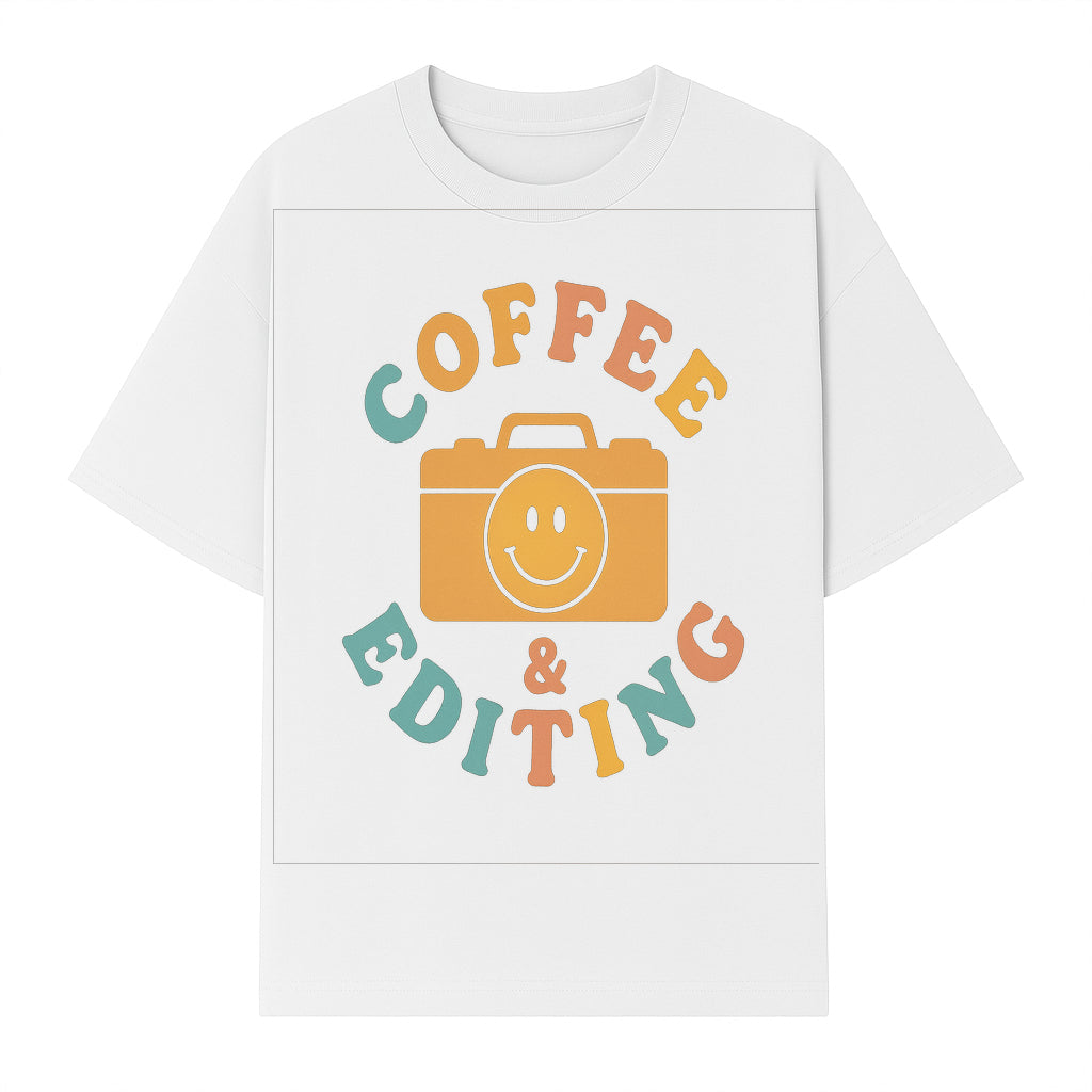 Coffee & Editing Graphic Tee - Fun Photography Lover Shirt, Cute Gift for Creatives, Smiley Camera Design, Casual Wear - T-shirt 1758335009855.jpg