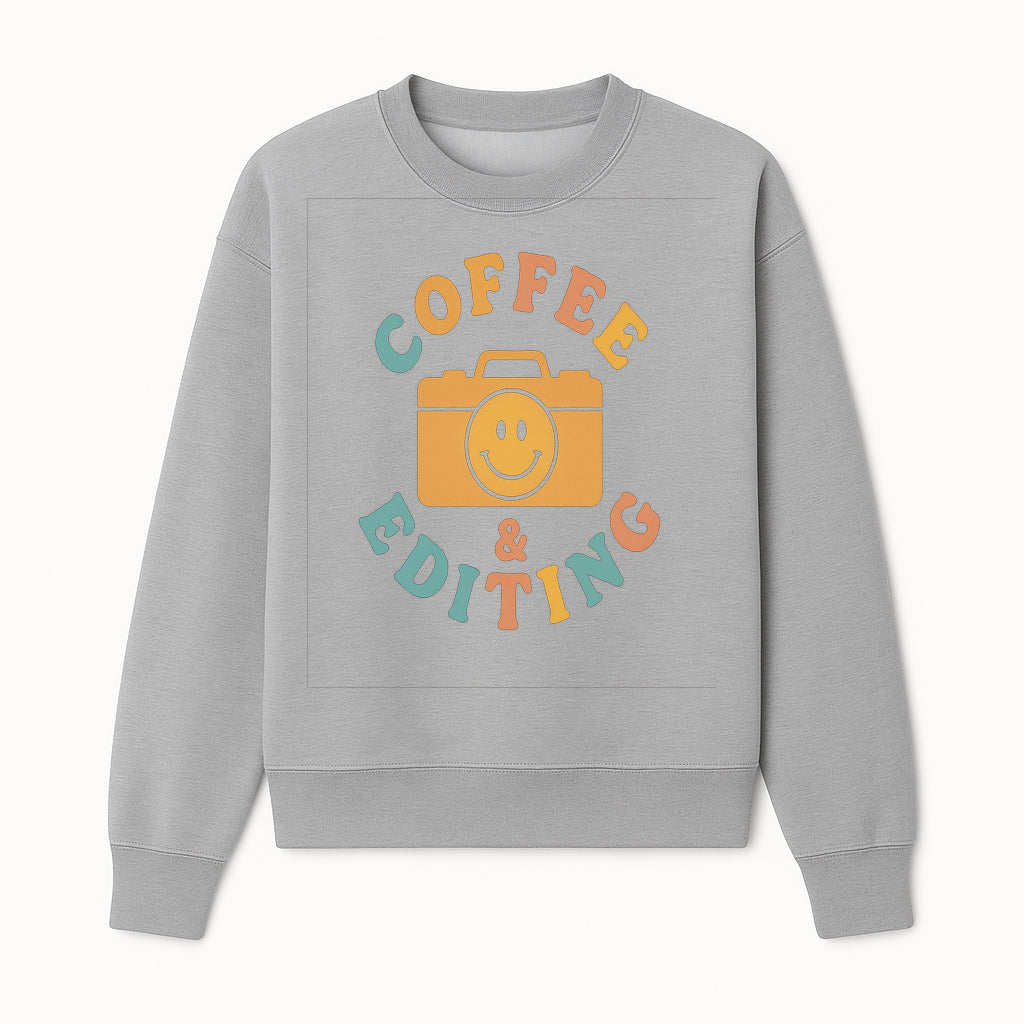 Coffee & Editing Graphic Tee - Fun Photography Lover Shirt, Cute Gift for Creatives, Smiley Camera Design, Casual Wear - Sweatshirt 1758335011332.jpg