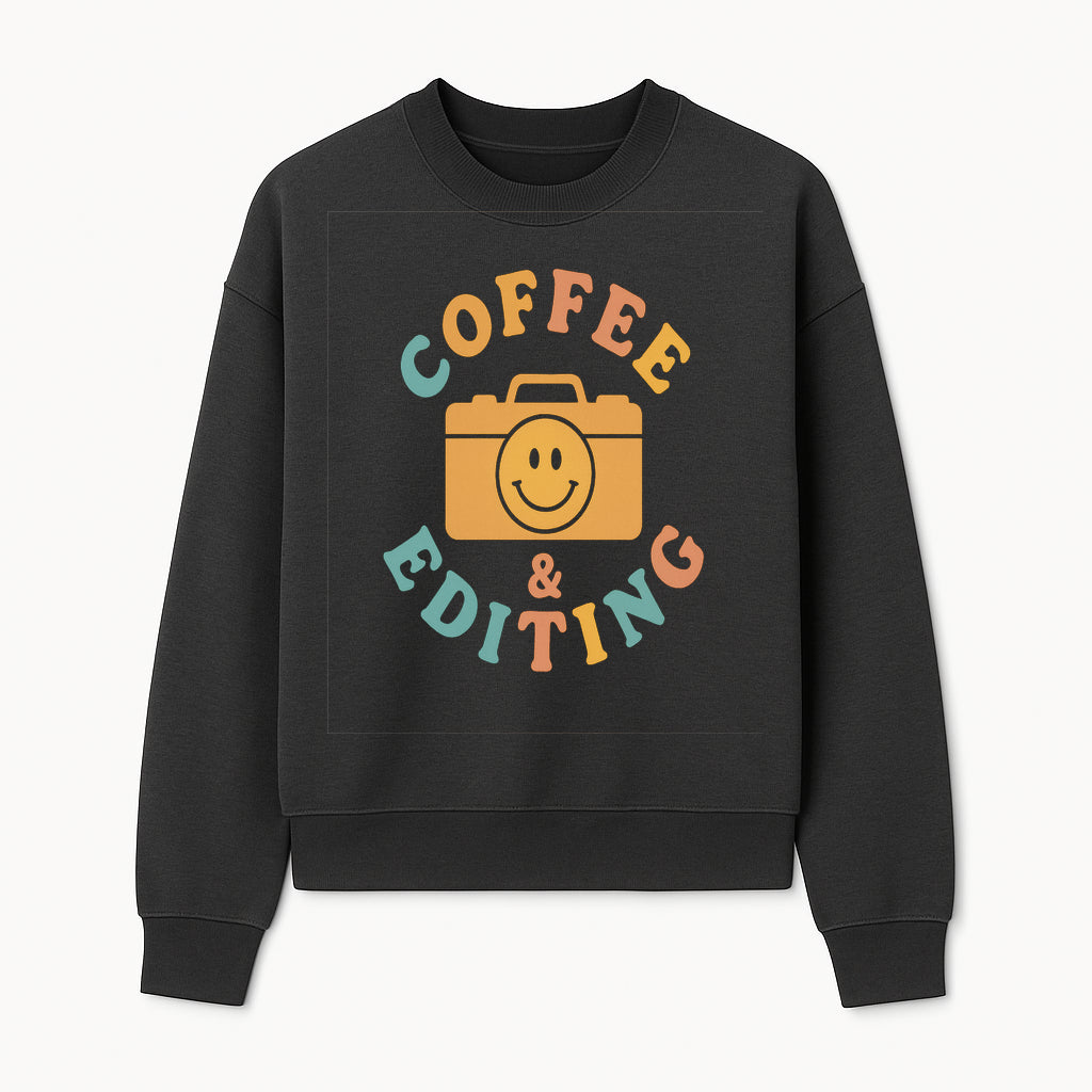 Coffee & Editing Graphic Tee - Fun Photography Lover Shirt, Cute Gift for Creatives, Smiley Camera Design, Casual Wear - Sweatshirt 1758335011653.jpg