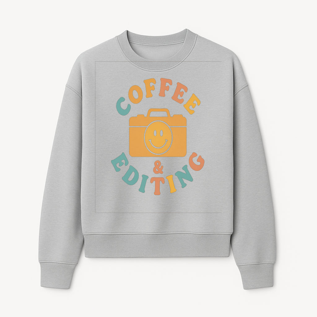 Coffee & Editing Graphic Tee - Fun Photography Lover Shirt, Cute Gift for Creatives, Smiley Camera Design, Casual Wear - Sweatshirt 1758335011964.jpg