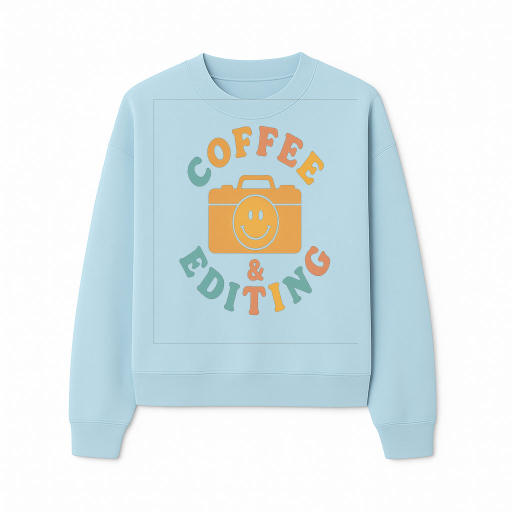 Coffee & Editing Graphic Tee - Fun Photography Lover Shirt, Cute Gift for Creatives, Smiley Camera Design, Casual Wear - Sweatshirt 1758335012123.jpg