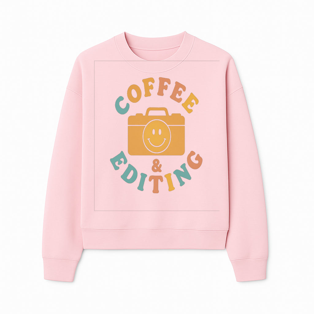 Coffee & Editing Graphic Tee - Fun Photography Lover Shirt, Cute Gift for Creatives, Smiley Camera Design, Casual Wear - Sweatshirt 1758335012255.jpg