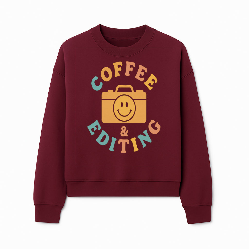 Coffee & Editing Graphic Tee - Fun Photography Lover Shirt, Cute Gift for Creatives, Smiley Camera Design, Casual Wear - Sweatshirt 1758335012412.jpg