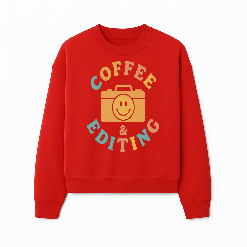 Coffee & Editing Graphic Tee - Fun Photography Lover Shirt, Cute Gift for Creatives, Smiley Camera Design, Casual Wear - Sweatshirt 1758335012718.jpg