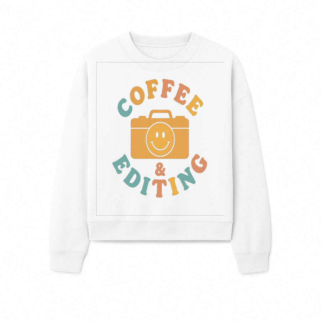 Coffee & Editing Graphic Tee - Fun Photography Lover Shirt, Cute Gift for Creatives, Smiley Camera Design, Casual Wear - Sweatshirt 1758335013063.jpg