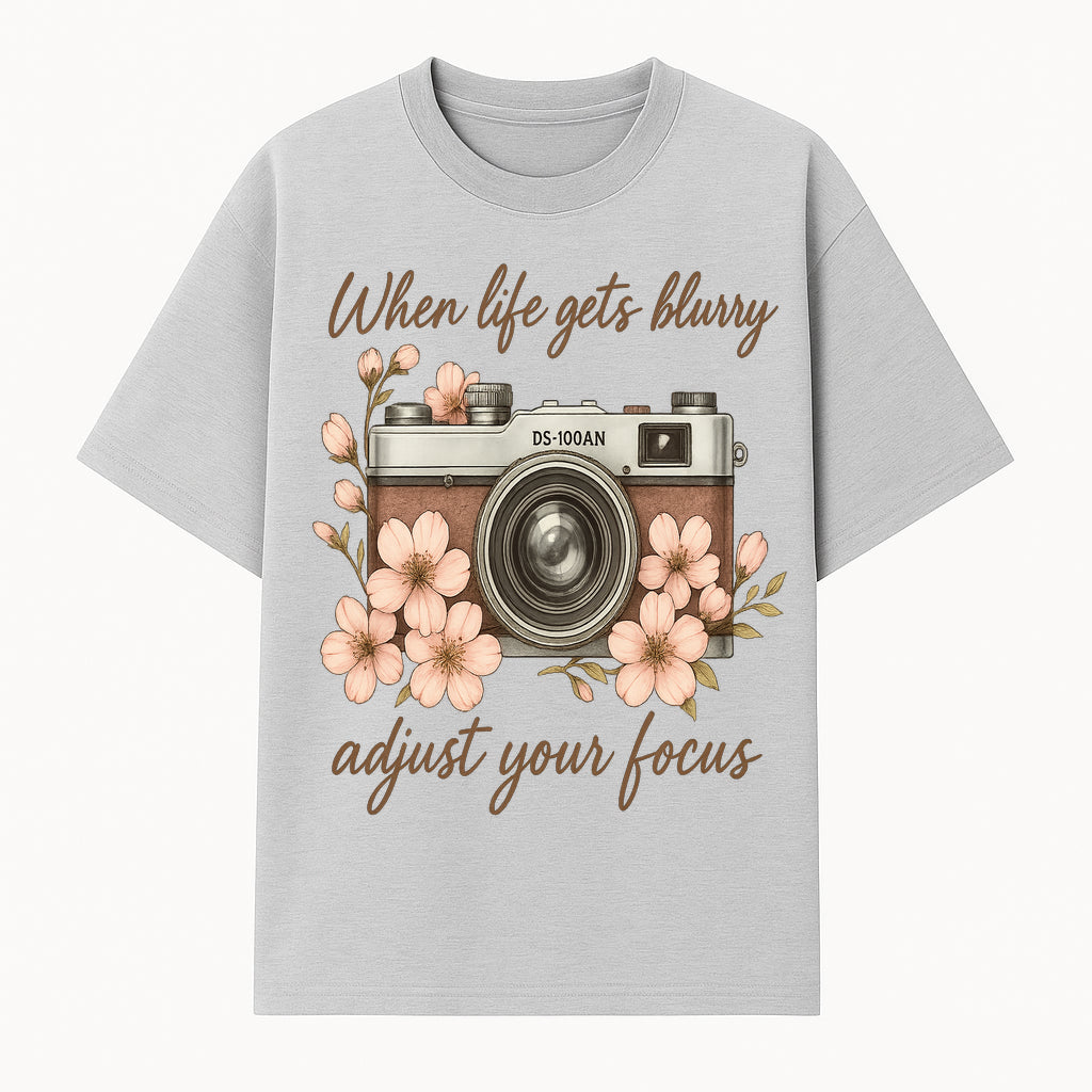Blurry Life Quote Art Print - Vintage Camera with Blossoms - Adjust Your Focus Home Decor - T-shirt 1758335016631.jpg
