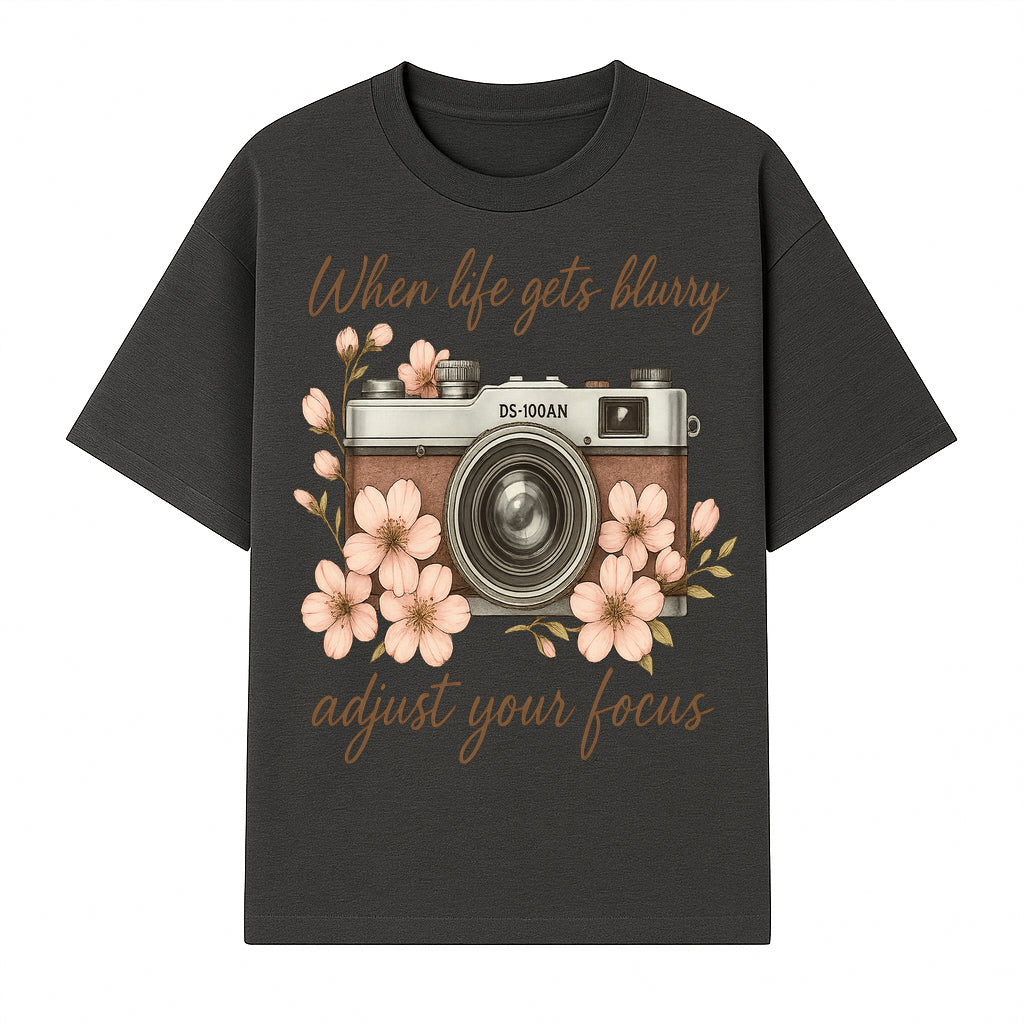 Blurry Life Quote Art Print - Vintage Camera with Blossoms - Adjust Your Focus Home Decor - T-shirt 1758335016915.jpg