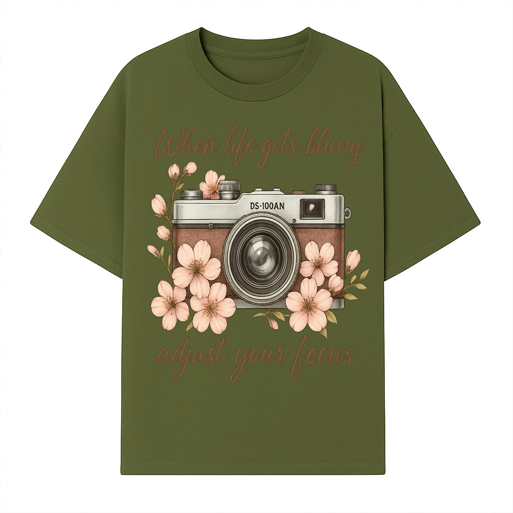 Blurry Life Quote Art Print - Vintage Camera with Blossoms - Adjust Your Focus Home Decor - T-shirt 1758335017110.jpg