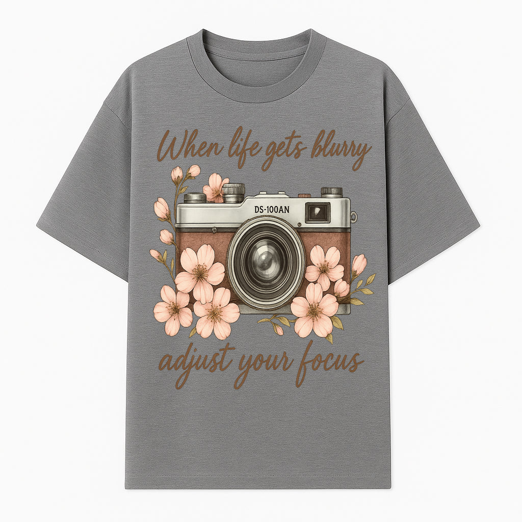 Blurry Life Quote Art Print - Vintage Camera with Blossoms - Adjust Your Focus Home Decor - T-shirt 1758335017266.jpg