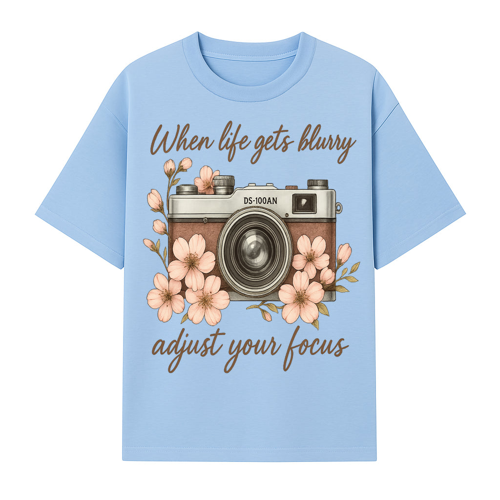 Blurry Life Quote Art Print - Vintage Camera with Blossoms - Adjust Your Focus Home Decor - T-shirt 1758335017386.jpg