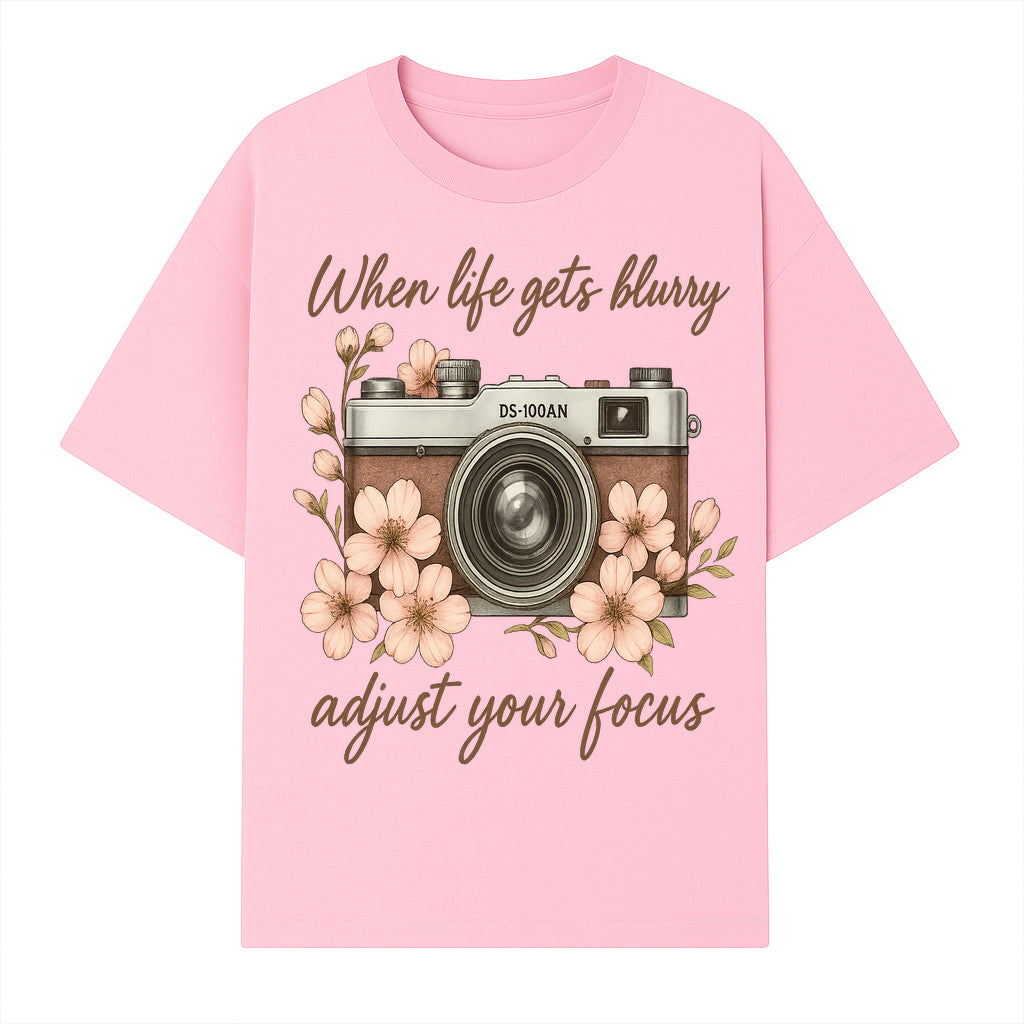 Blurry Life Quote Art Print - Vintage Camera with Blossoms - Adjust Your Focus Home Decor - T-shirt 1758335017512.jpg