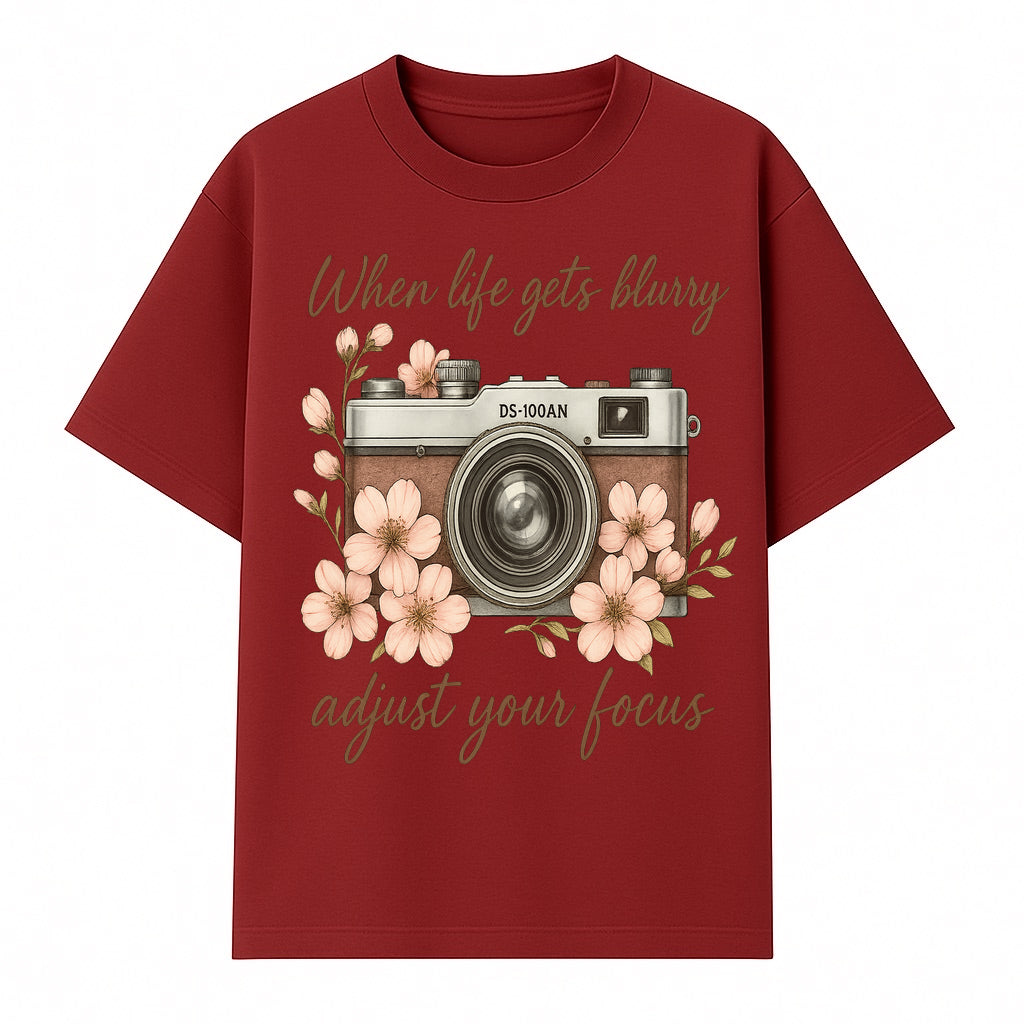 Blurry Life Quote Art Print - Vintage Camera with Blossoms - Adjust Your Focus Home Decor - T-shirt 1758335017662.jpg