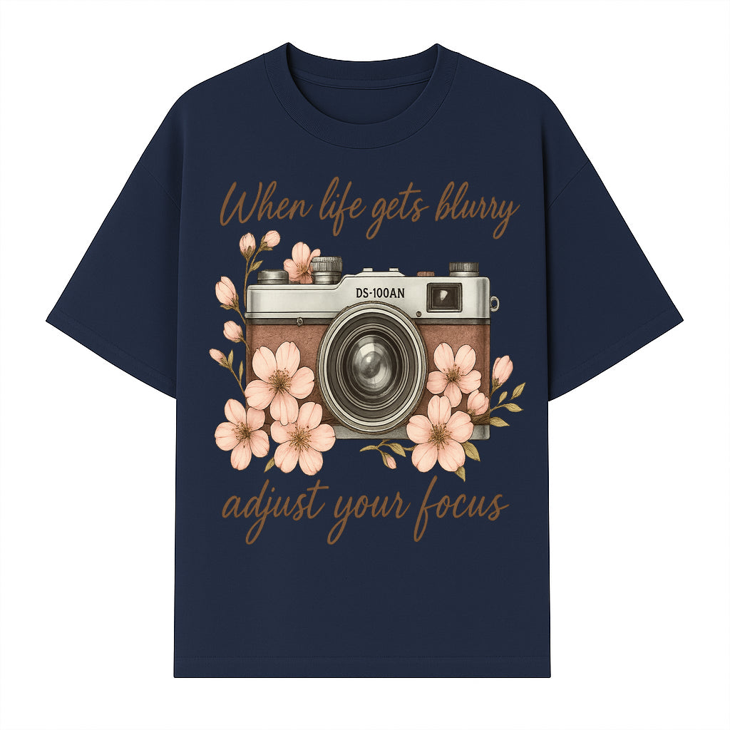 Blurry Life Quote Art Print - Vintage Camera with Blossoms - Adjust Your Focus Home Decor - T-shirt 1758335017802.jpg
