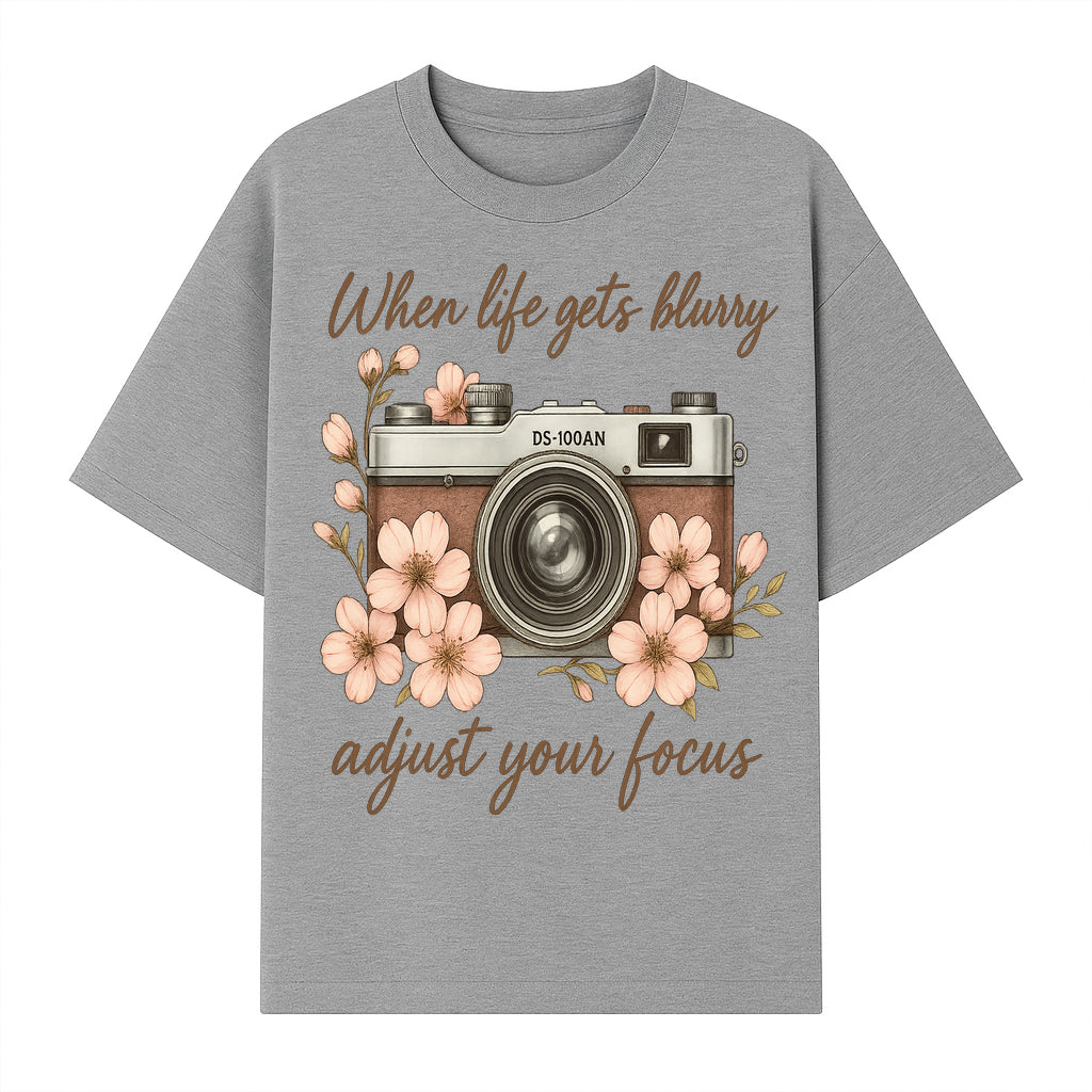 Blurry Life Quote Art Print - Vintage Camera with Blossoms - Adjust Your Focus Home Decor - T-shirt 1758335018132.jpg