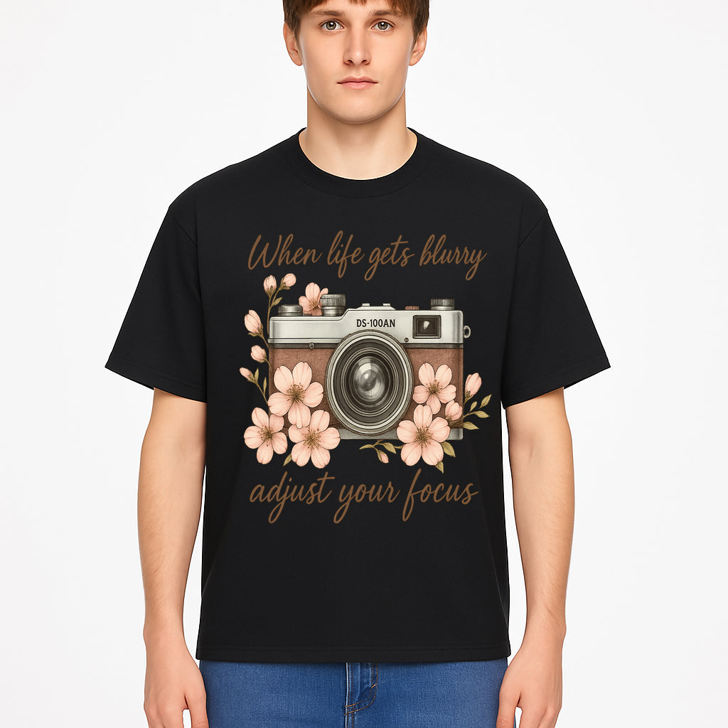 Blurry Life Quote Art Print - Vintage Camera with Blossoms - Adjust Your Focus Home Decor - T-shirt 1758335019451.jpg