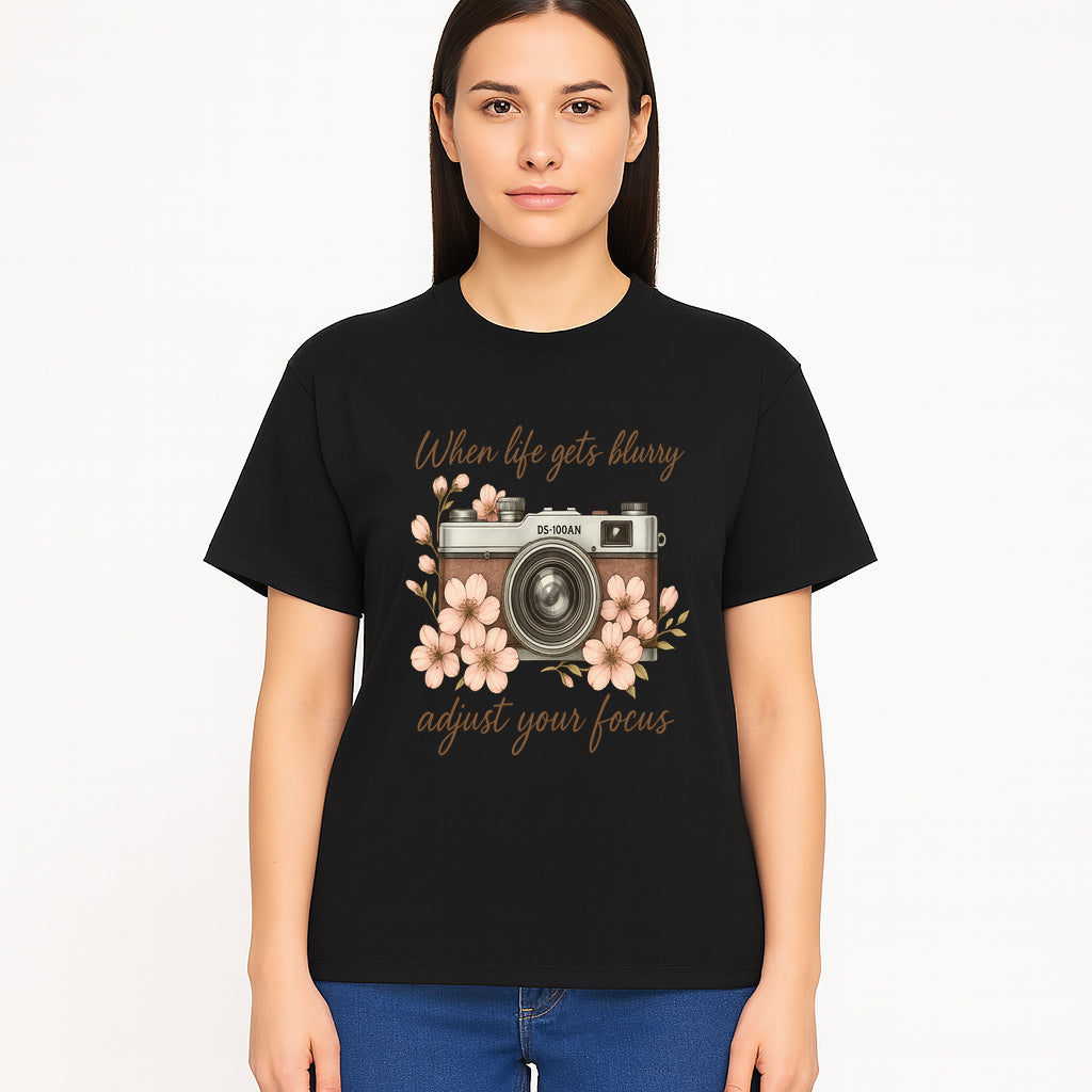 Blurry Life Quote Art Print - Vintage Camera with Blossoms - Adjust Your Focus Home Decor - T-shirt 1758335019609.jpg