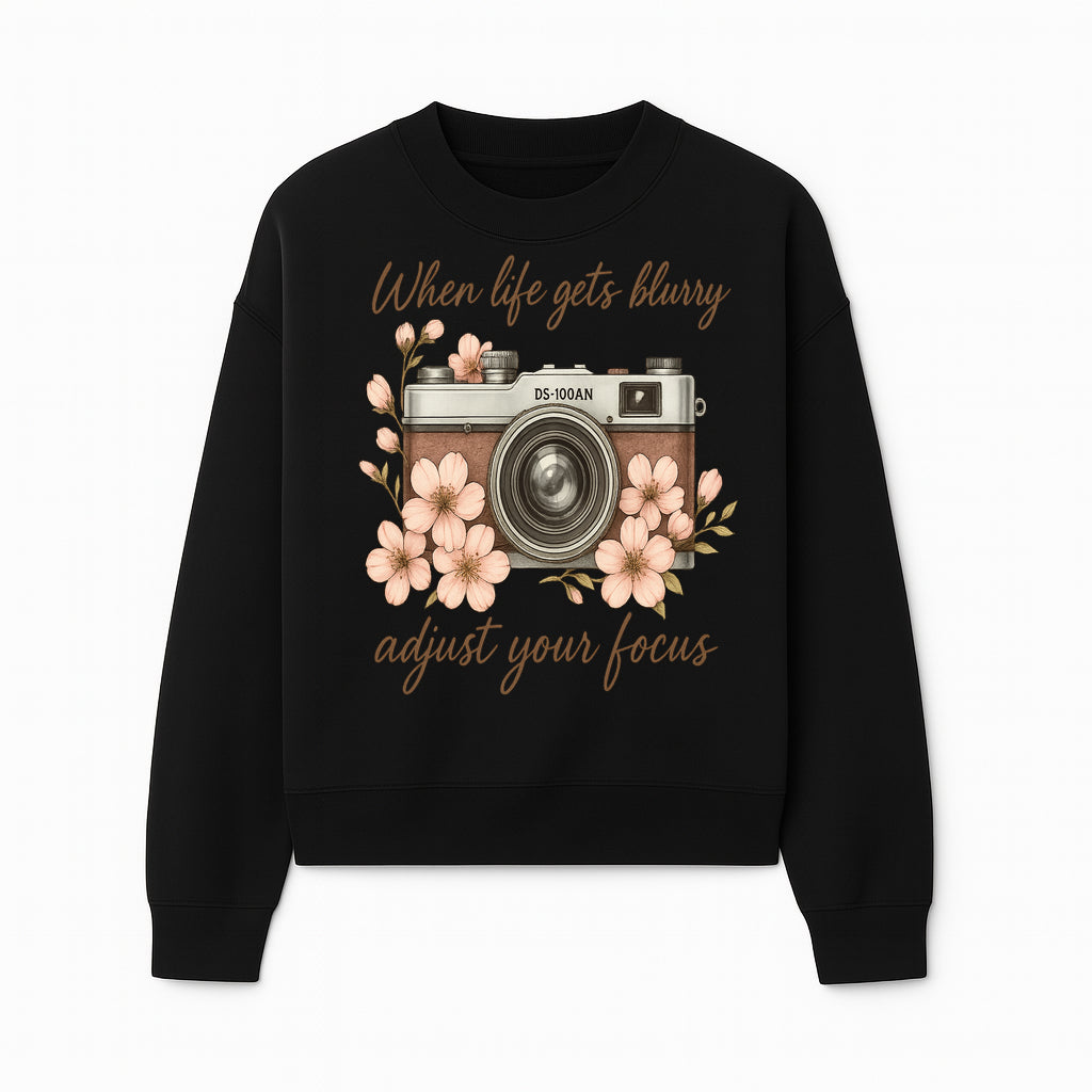 Blurry Life Quote Art Print - Vintage Camera with Blossoms - Adjust Your Focus Home Decor - Sweatshirt 1758335019894.jpg
