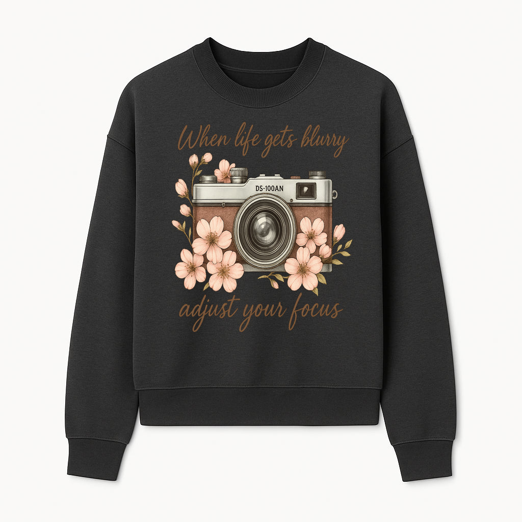 Blurry Life Quote Art Print - Vintage Camera with Blossoms - Adjust Your Focus Home Decor - Sweatshirt 1758335020055.jpg