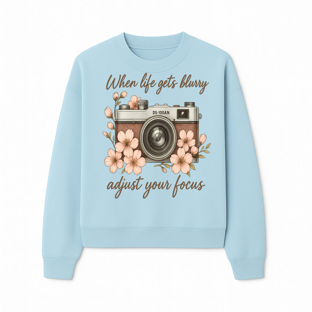 Blurry Life Quote Art Print - Vintage Camera with Blossoms - Adjust Your Focus Home Decor - Sweatshirt 1758335020524.jpg