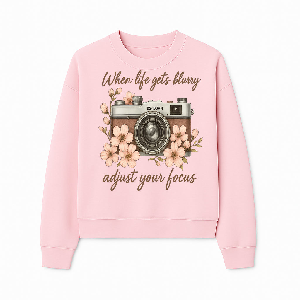 Blurry Life Quote Art Print - Vintage Camera with Blossoms - Adjust Your Focus Home Decor - Sweatshirt 1758335020658.jpg