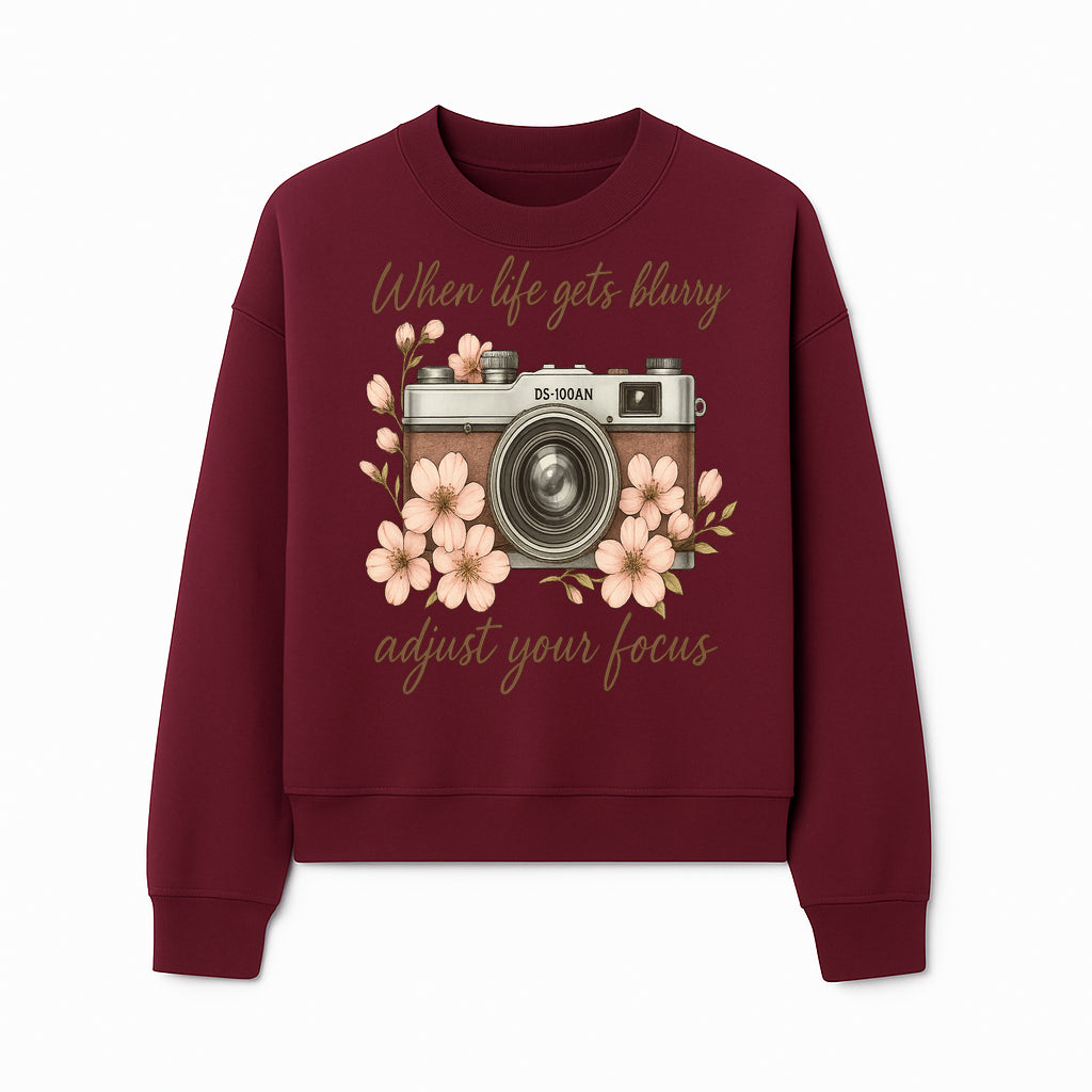 Blurry Life Quote Art Print - Vintage Camera with Blossoms - Adjust Your Focus Home Decor - Sweatshirt 1758335020825.jpg