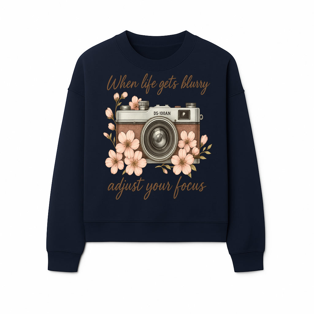 Blurry Life Quote Art Print - Vintage Camera with Blossoms - Adjust Your Focus Home Decor - Sweatshirt 1758335020971.jpg