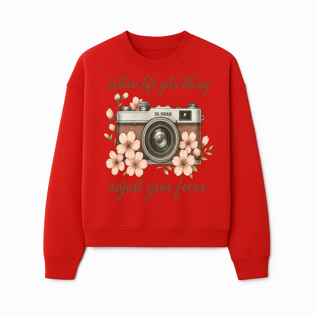 Blurry Life Quote Art Print - Vintage Camera with Blossoms - Adjust Your Focus Home Decor - Sweatshirt 1758335021105.jpg