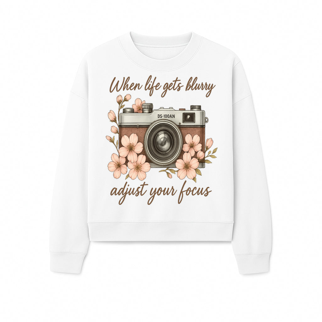 Blurry Life Quote Art Print - Vintage Camera with Blossoms - Adjust Your Focus Home Decor - Sweatshirt 1758335021388.jpg