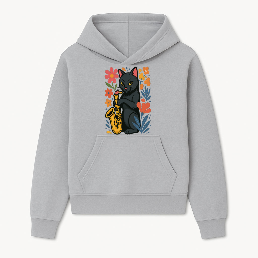 Black Cat Playing Saxophone Art Print with Colorful Floral Background, Music Lover Gift, Cat Lover Decor, Jazz Illustration Decor - Hoodie 1758338690391.jpg