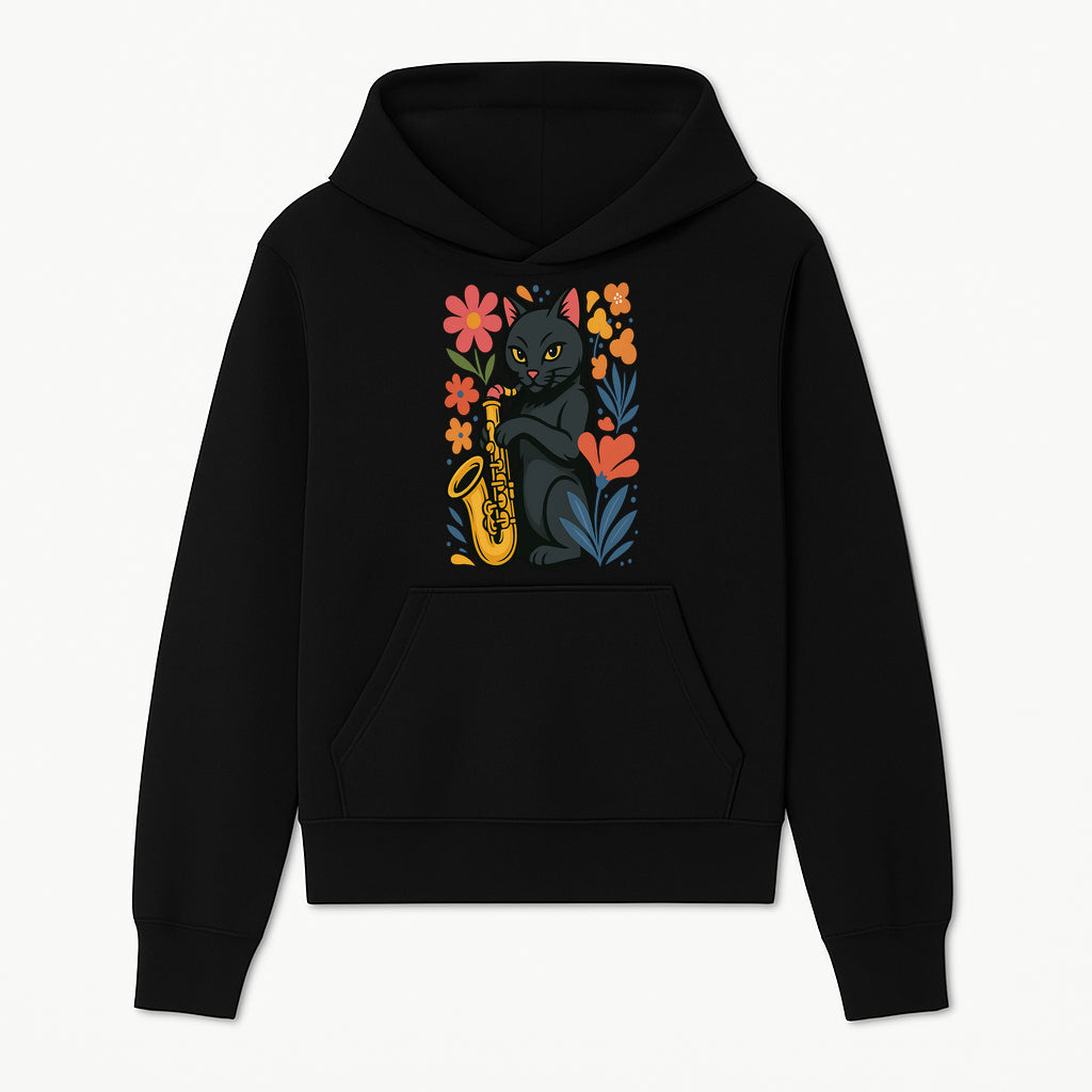 Black Cat Playing Saxophone Art Print with Colorful Floral Background, Music Lover Gift, Cat Lover Decor, Jazz Illustration Decor - Hoodie 1758338690551.jpg