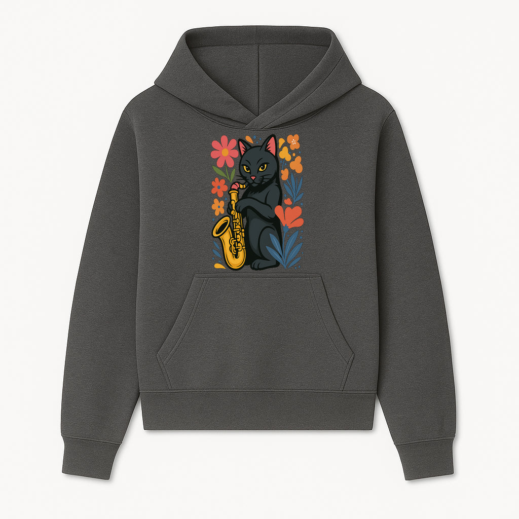 Black Cat Playing Saxophone Art Print with Colorful Floral Background, Music Lover Gift, Cat Lover Decor, Jazz Illustration Decor - Hoodie 1758338690683.jpg