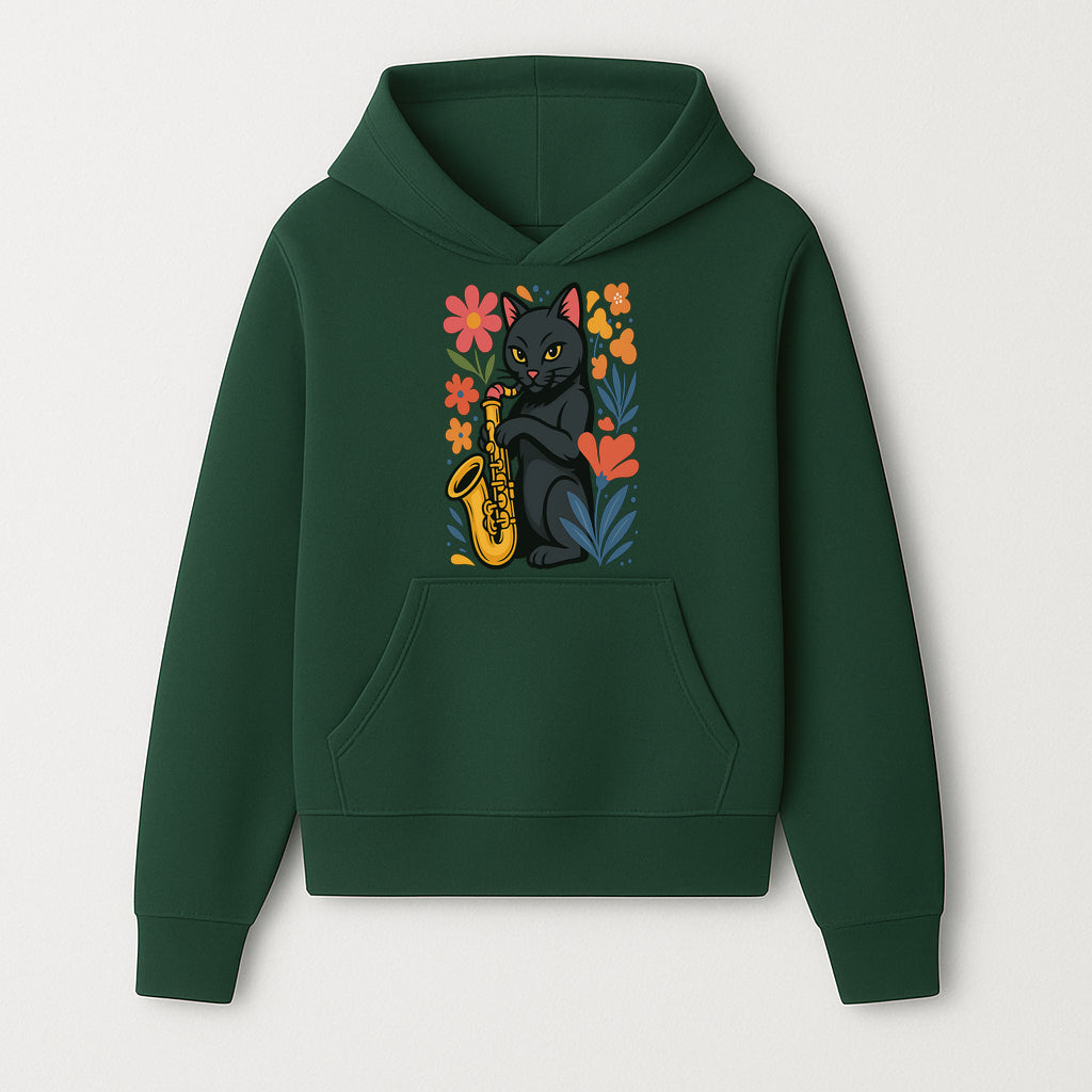 Black Cat Playing Saxophone Art Print with Colorful Floral Background, Music Lover Gift, Cat Lover Decor, Jazz Illustration Decor - Hoodie 1758338690837.jpg