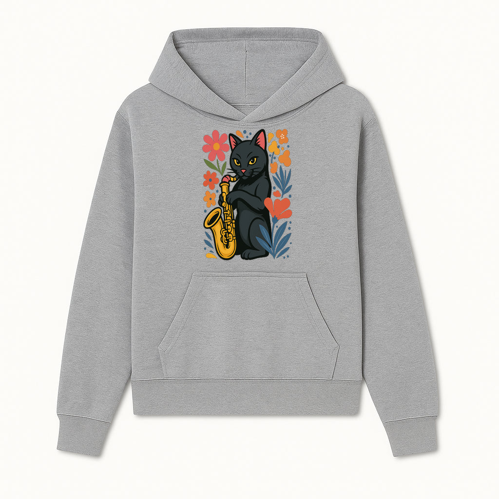 Black Cat Playing Saxophone Art Print with Colorful Floral Background, Music Lover Gift, Cat Lover Decor, Jazz Illustration Decor - Hoodie 1758338691004.jpg