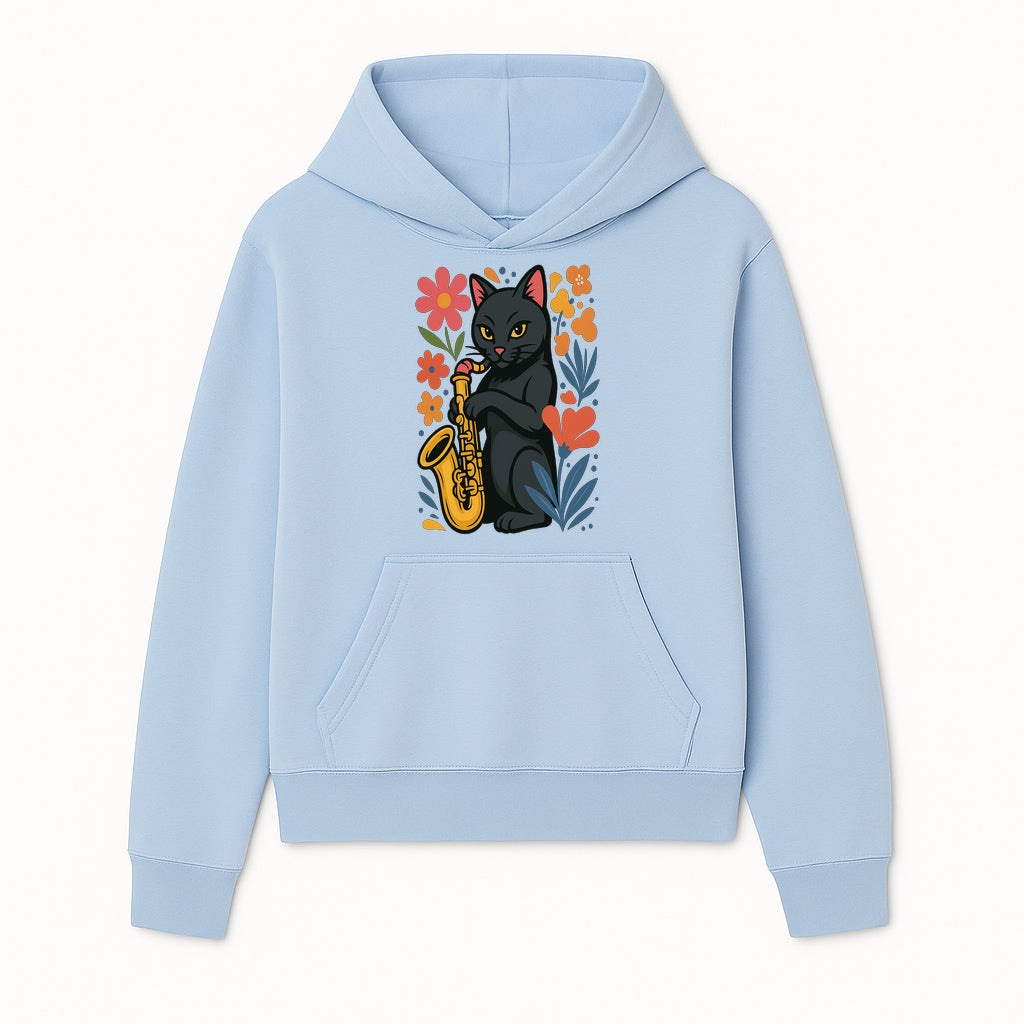 Black Cat Playing Saxophone Art Print with Colorful Floral Background, Music Lover Gift, Cat Lover Decor, Jazz Illustration Decor - Hoodie 1758338691167.jpg