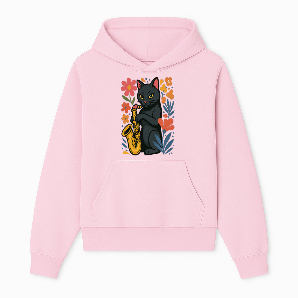 Black Cat Playing Saxophone Art Print with Colorful Floral Background, Music Lover Gift, Cat Lover Decor, Jazz Illustration Decor - Hoodie 1758338691332.jpg