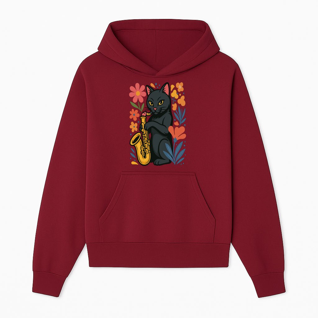Black Cat Playing Saxophone Art Print with Colorful Floral Background, Music Lover Gift, Cat Lover Decor, Jazz Illustration Decor - Hoodie 1758338691493.jpg